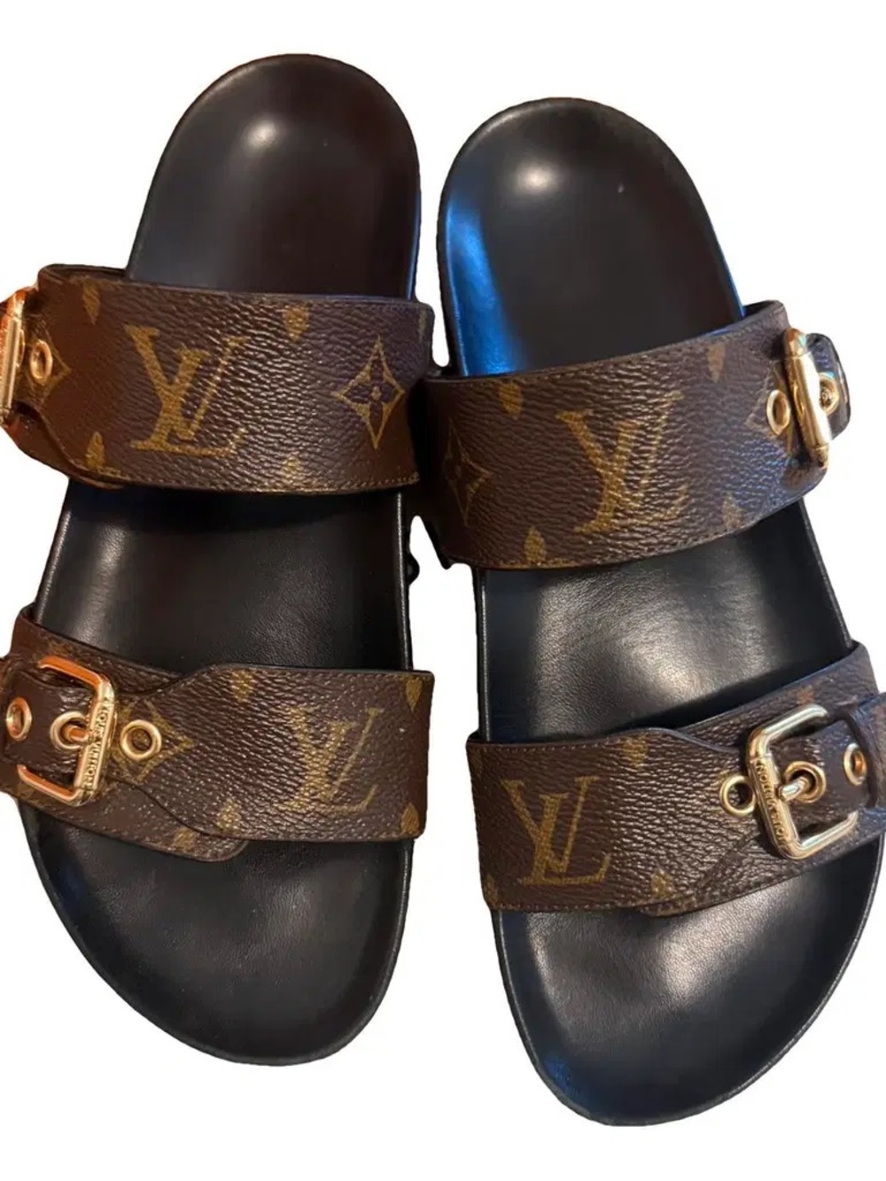 Louis Vuitton Brown Monogram Double-Strap Women’s Sandals with Gold Buckles